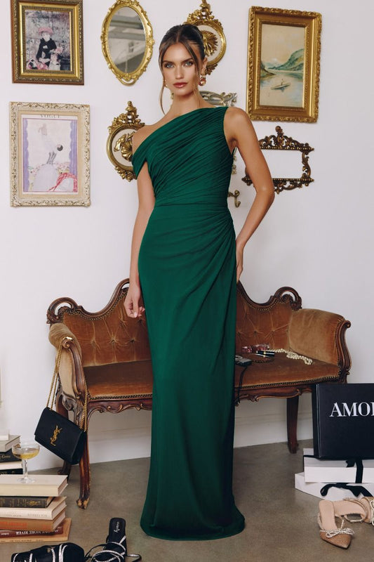 One-shoulder Neckline Draped Chiffon Tux-USA