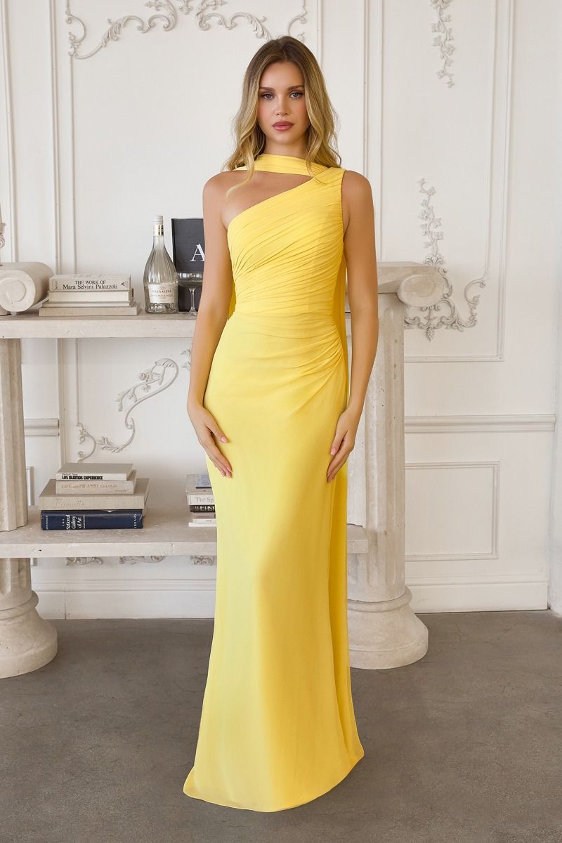 One-shoulder Neckline Draped Chiffon Tux-USA