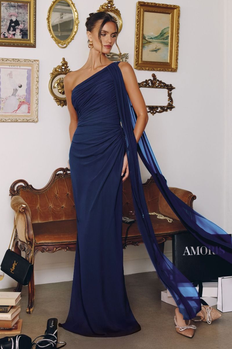 One-shoulder Neckline Draped Chiffon Tux-USA