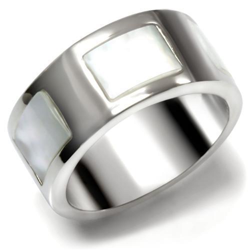 TK043 - High polished (no plating) Stainless Steel Ring with Precious Stone Conch in White Alamode
