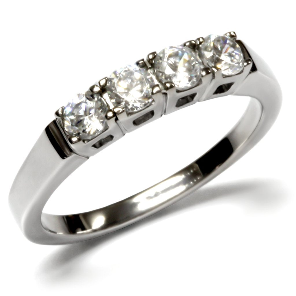 TK047 - High polished (no plating) Stainless Steel Ring with AAA Grade CZ  in Clear Alamode