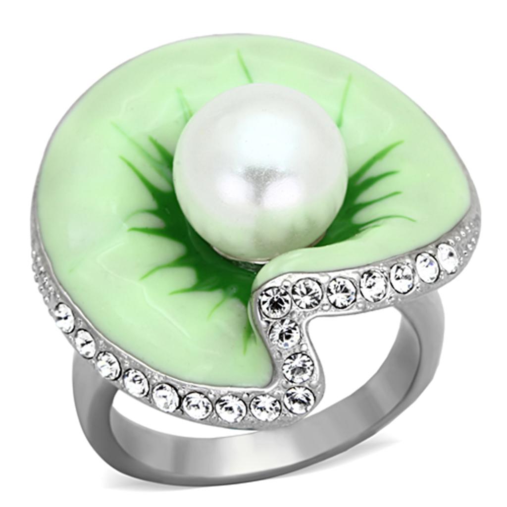 TK1171 - High polished (no plating) Stainless Steel Ring with Synthetic Pearl in White Alamode