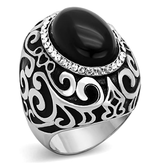 TK1211 - High polished (no plating) Stainless Steel Ring with Synthetic Cat Eye in Jet Alamode