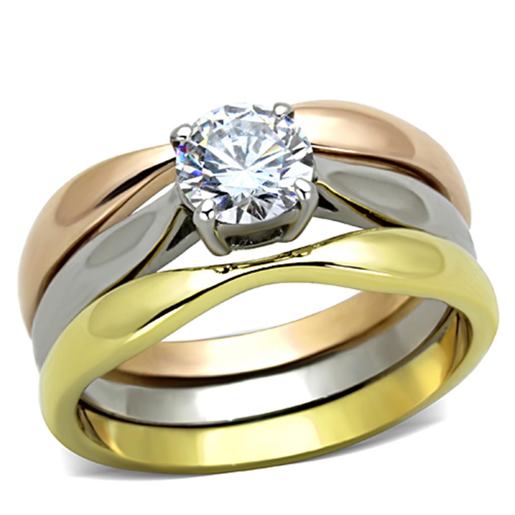 TK1278 - Three Tone (IP Gold & IP Rose Gold & High Polished) Stainless Steel Ring with AAA Grade CZ  in Clear Alamode