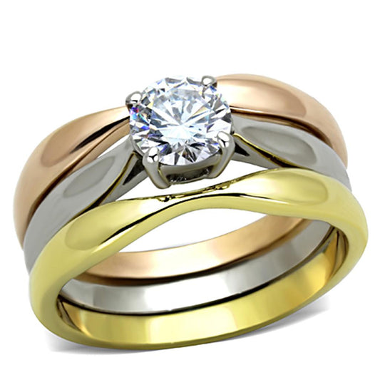 TK1278 - Three Tone (IP Gold & IP Rose Gold & High Polished) Stainless Steel Ring with AAA Grade CZ  in Clear Alamode