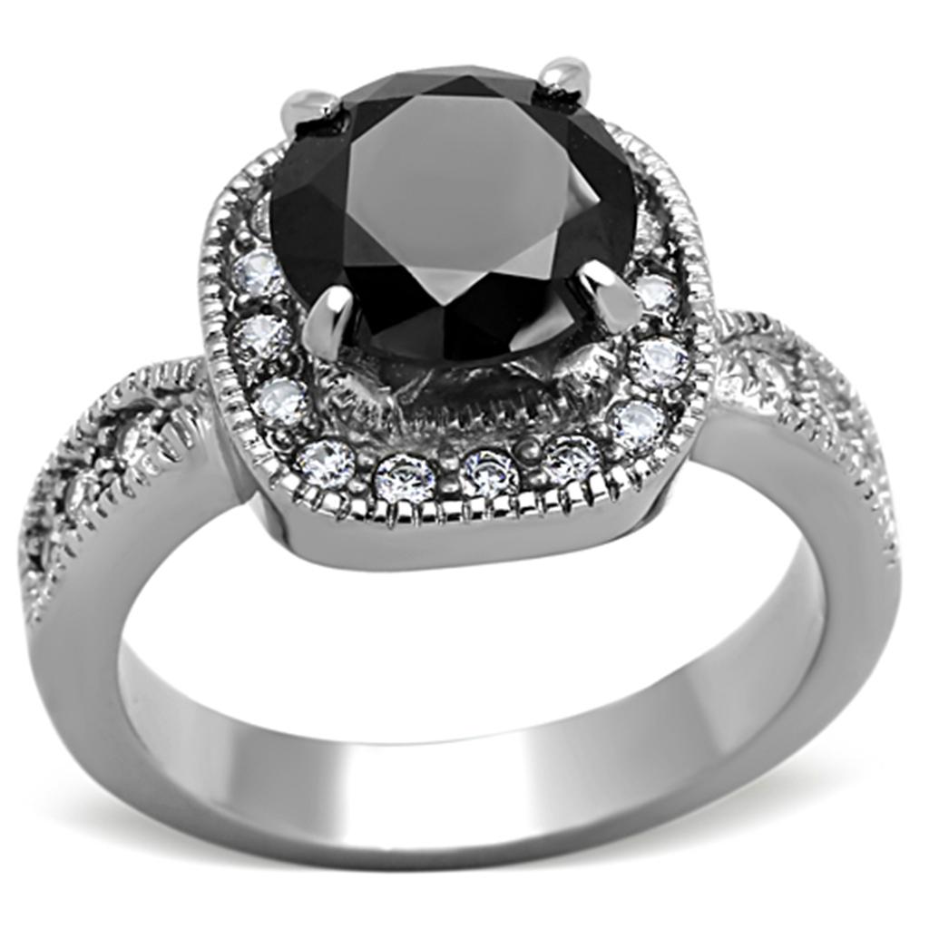 TK1322 - High polished (no plating) Stainless Steel Ring with AAA Grade CZ  in Black Diamond Alamode