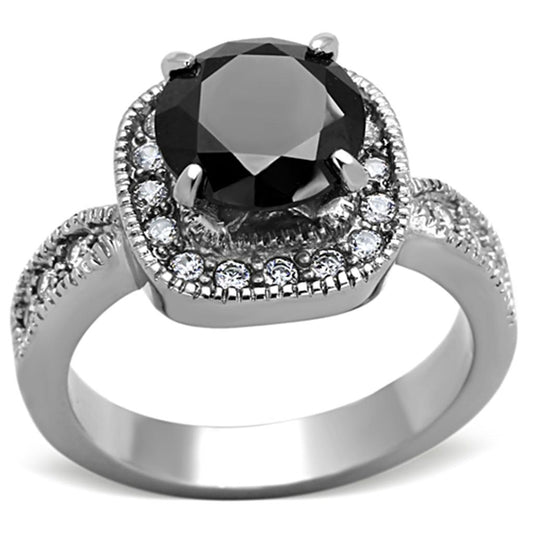TK1322 - High polished (no plating) Stainless Steel Ring with AAA Grade CZ  in Black Diamond Alamode