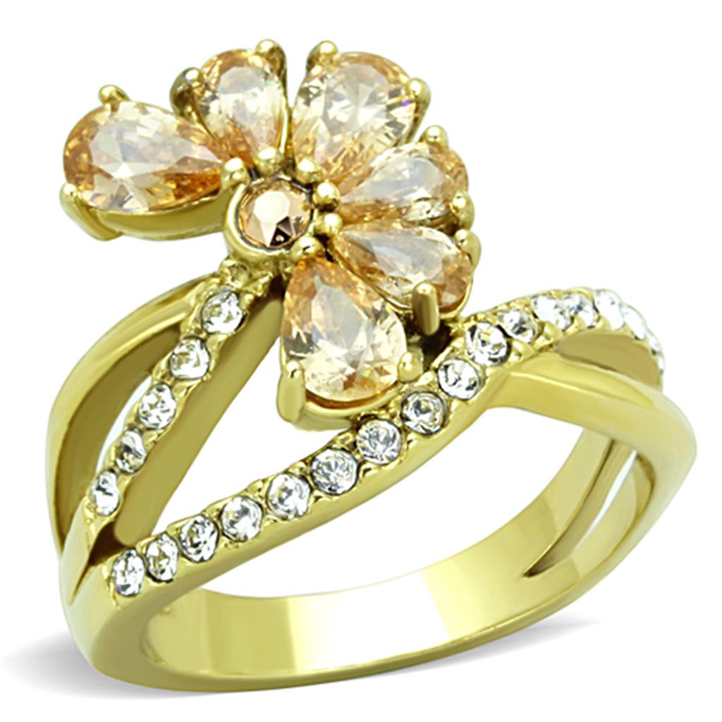 TK1574 - IP Gold(Ion Plating) Stainless Steel Ring with AAA Grade CZ  in Champagne Alamode