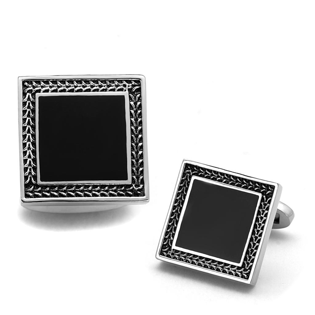 TK1651 - High polished (no plating) Stainless Steel Cufflink with Epoxy  in Jet-0
