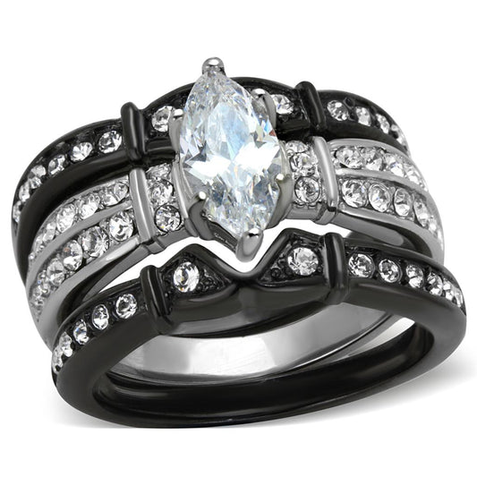 TK1922 - Two-Tone IP Black Stainless Steel Ring with AAA Grade CZ  in Clear Alamode