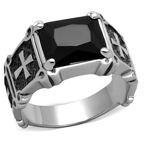 TK2055 - High polished (no plating) Stainless Steel Ring with Synthetic Synthetic Glass in Jet Alamode