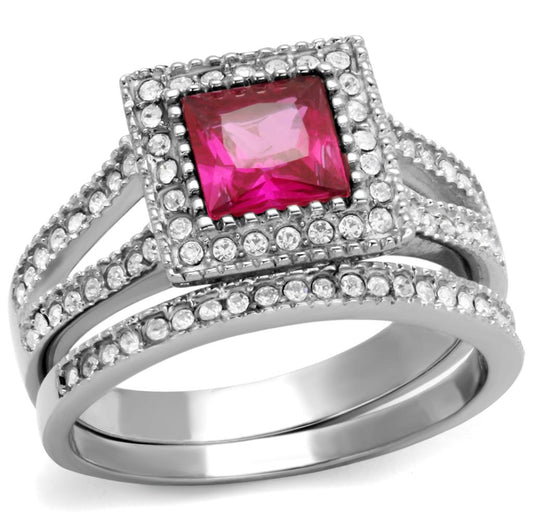TK2293 - High polished (no plating) Stainless Steel Ring with AAA Grade CZ  in Ruby Alamode