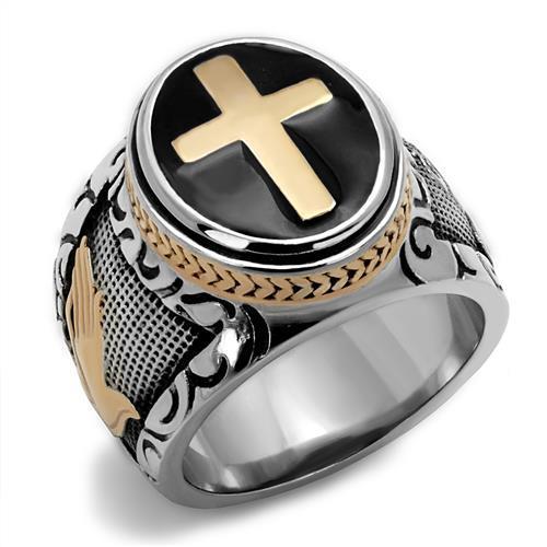 TK2623 - Two-Tone IP Rose Gold Stainless Steel Ring with Epoxy  in Jet Alamode