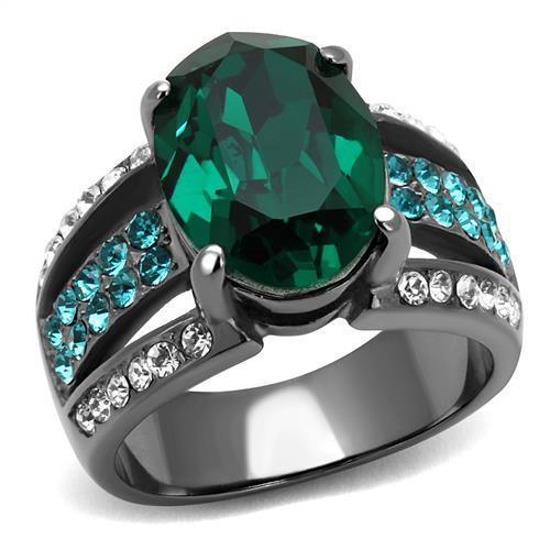 TK2759 - IP Light Black  (IP Gun) Stainless Steel Ring with Top Grade Crystal  in Emerald Alamode