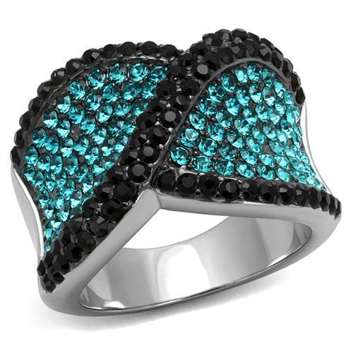 TK2764 - Two-Tone IP Black Stainless Steel Ring with Top Grade Crystal  in Blue Zircon-0