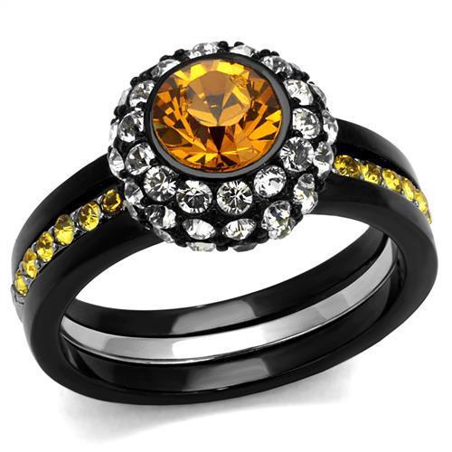 TK2783 - Two-Tone IP Black (Ion Plating) Stainless Steel Ring with Top Grade Crystal  in Topaz-0