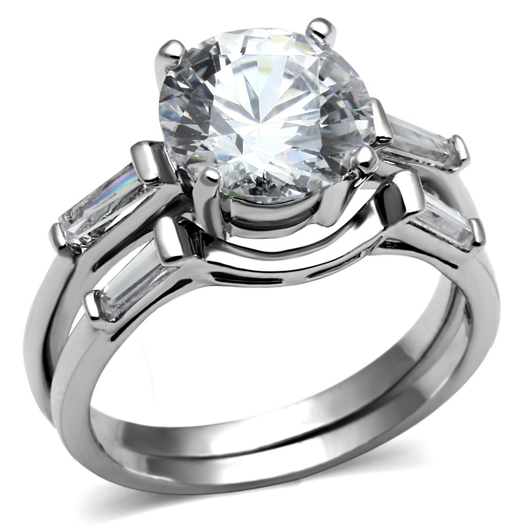 TK2878 - High polished (no plating) Stainless Steel Ring with AAA Grade CZ  in Clear Alamode