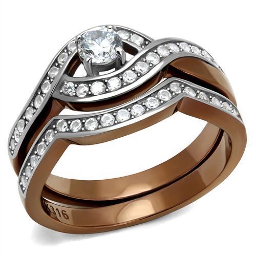 TK2953 - Two Tone IP Light Brown (IP Light coffee) Stainless Steel Ring with AAA Grade CZ  in Clear Alamode