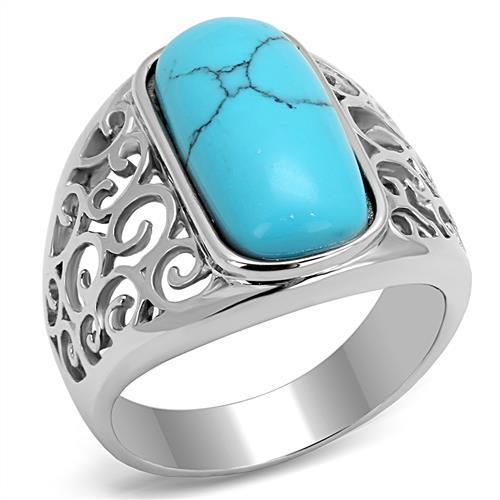 TK3043 - High polished (no plating) Stainless Steel Ring with Synthetic Turquoise in Sea Blue Alamode