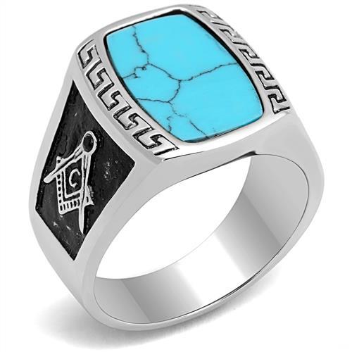 TK3044 - High polished (no plating) Stainless Steel Ring with Synthetic Turquoise in Sea Blue Alamode