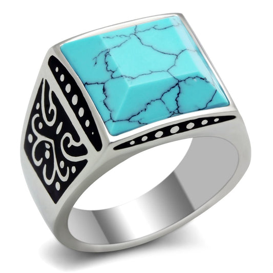 TK304 - High polished (no plating) Stainless Steel Ring with Synthetic Turquoise in Sea Blue Alamode