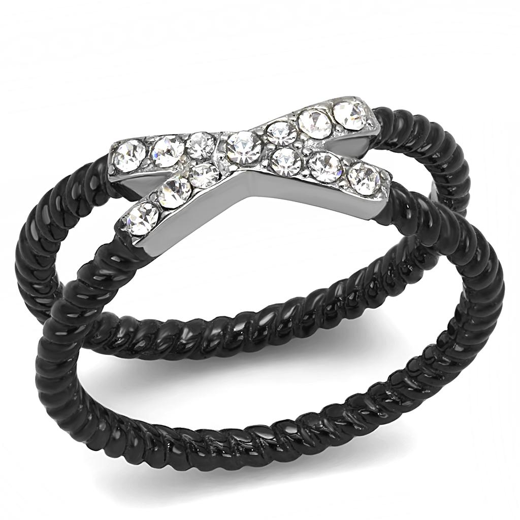 TK3053 - Two-Tone IP Black (Ion Plating) Stainless Steel Ring with Top Grade Crystal  in Clear Alamode
