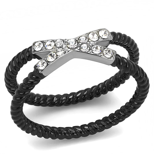 TK3053 - Two-Tone IP Black (Ion Plating) Stainless Steel Ring with Top Grade Crystal  in Clear Alamode