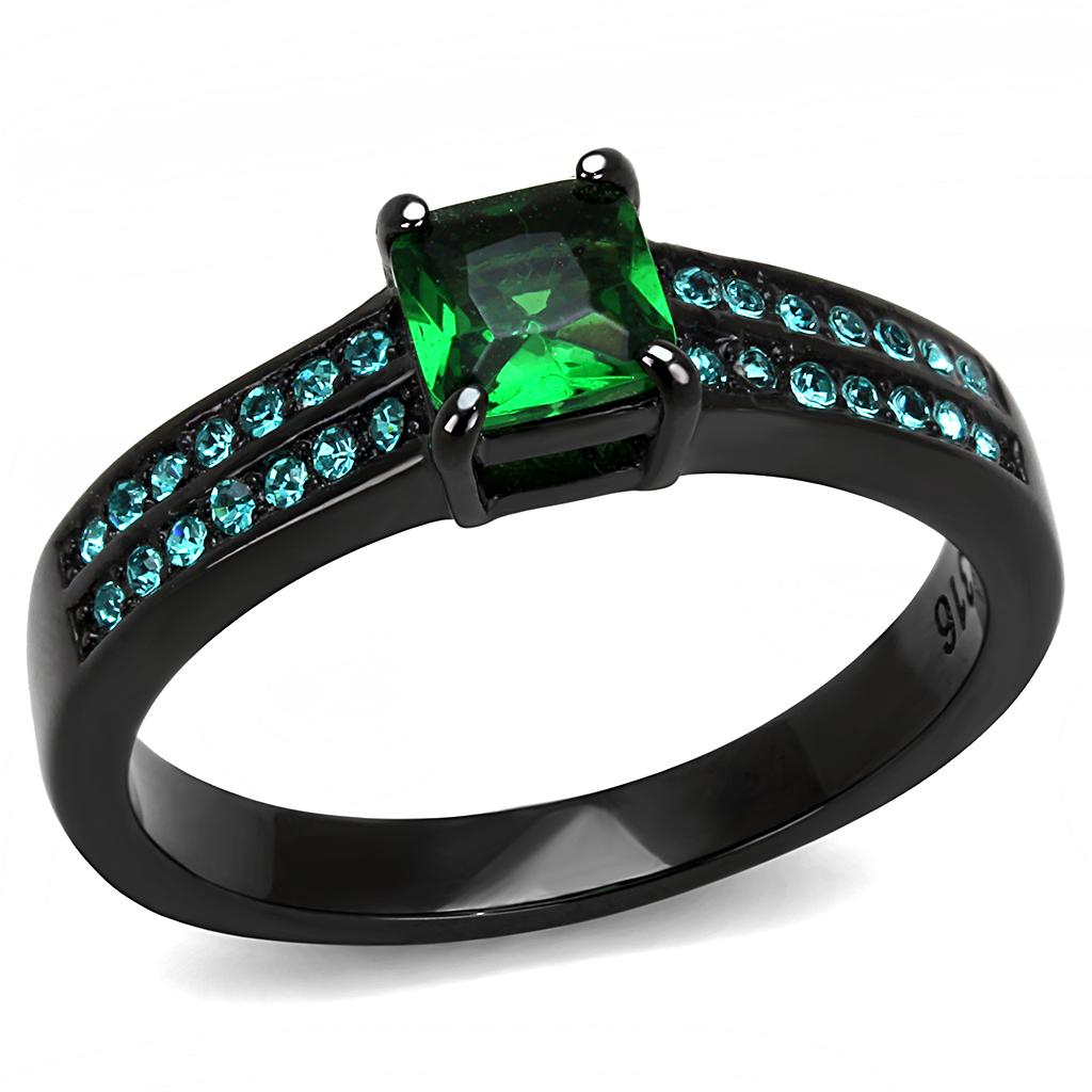 TK3064 - IP Black(Ion Plating) Stainless Steel Ring with Synthetic Synthetic Glass in Emerald Alamode