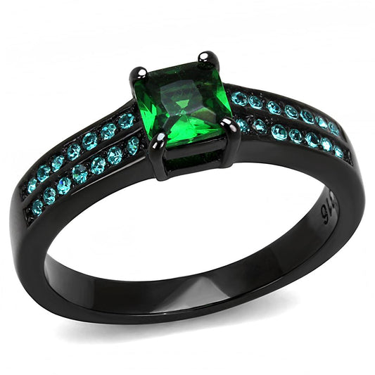 TK3064 - IP Black(Ion Plating) Stainless Steel Ring with Synthetic Synthetic Glass in Emerald Alamode