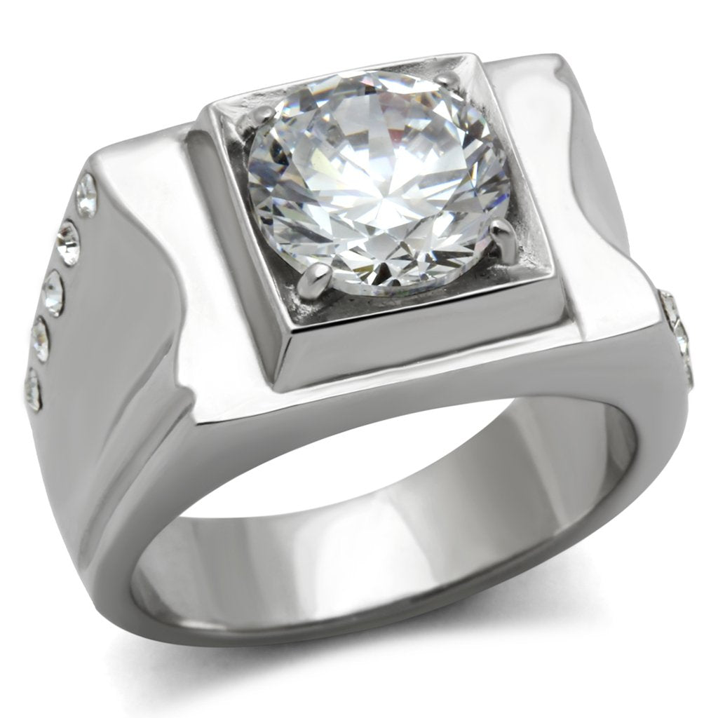 TK311 - High polished (no plating) Stainless Steel Ring with AAA Grade CZ  in Clear Alamode