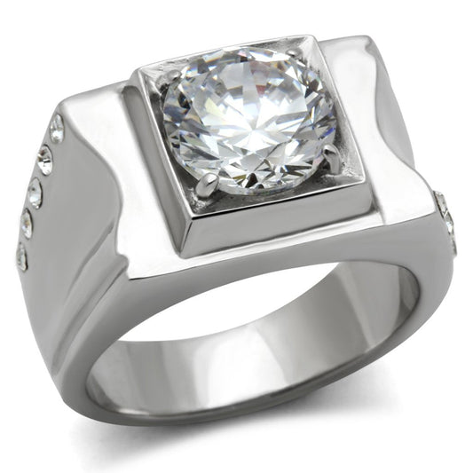 TK311 - High polished (no plating) Stainless Steel Ring with AAA Grade CZ  in Clear Alamode