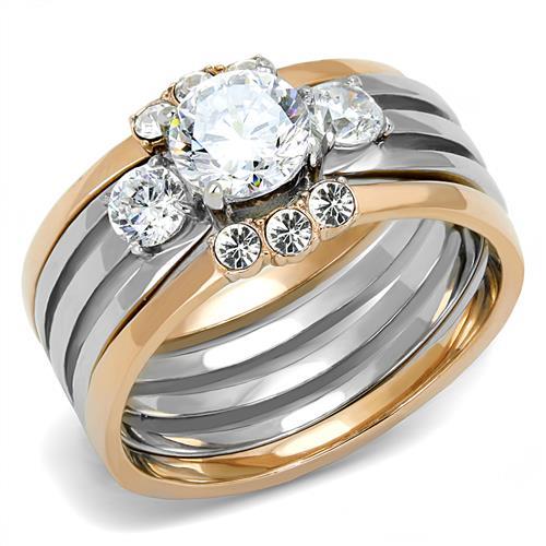 TK3212 - Two-Tone IP Rose Gold Stainless Steel Ring with AAA Grade CZ  in Clear Alamode