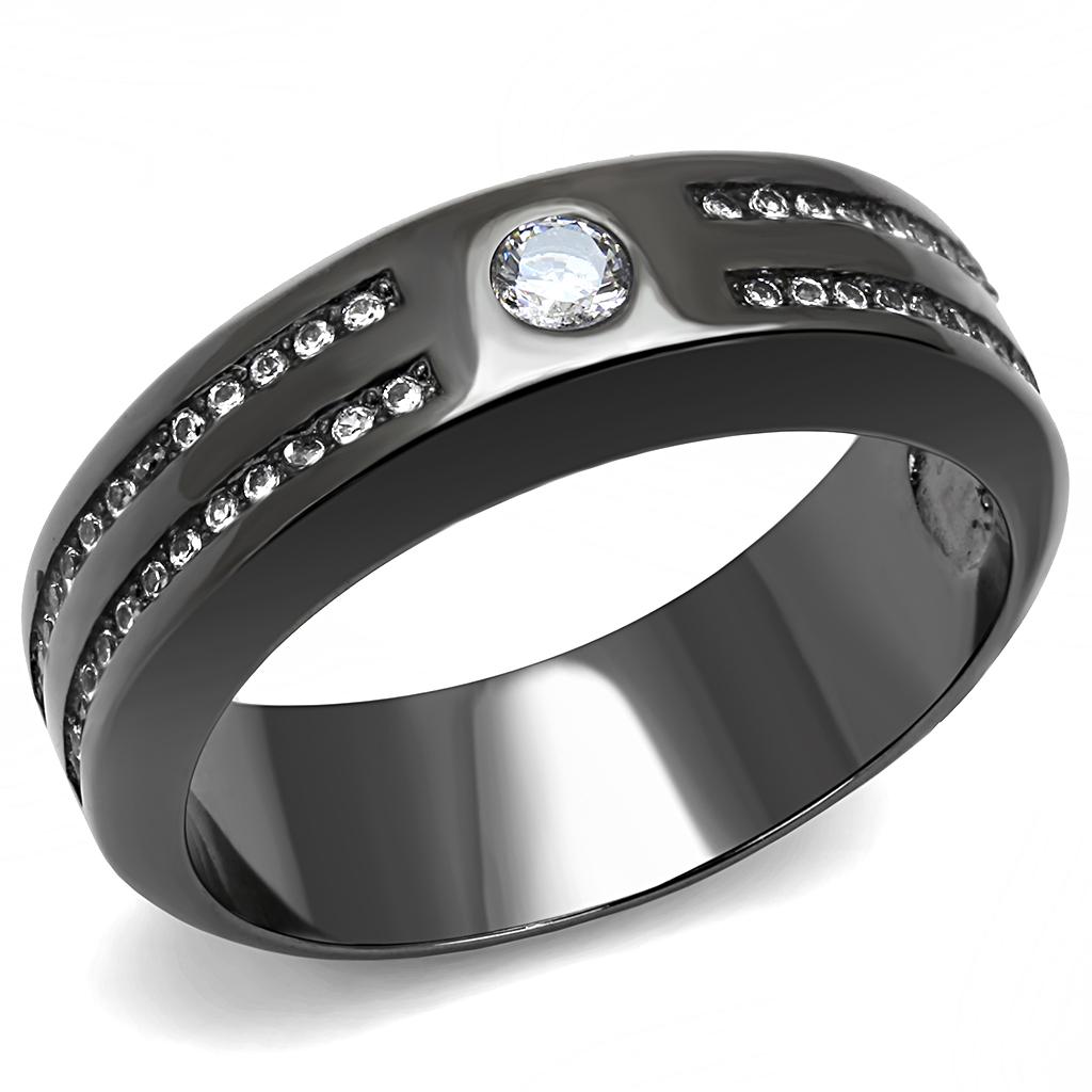 TK3275 - IP Light Black  (IP Gun) Stainless Steel Ring with AAA Grade CZ  in Clear Alamode