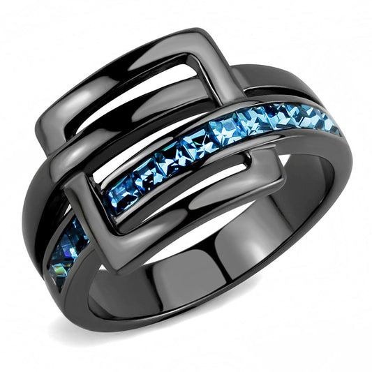 TK3451 - IP Light Black  (IP Gun) Stainless Steel Ring with Top Grade Crystal  in Sea Blue Alamode
