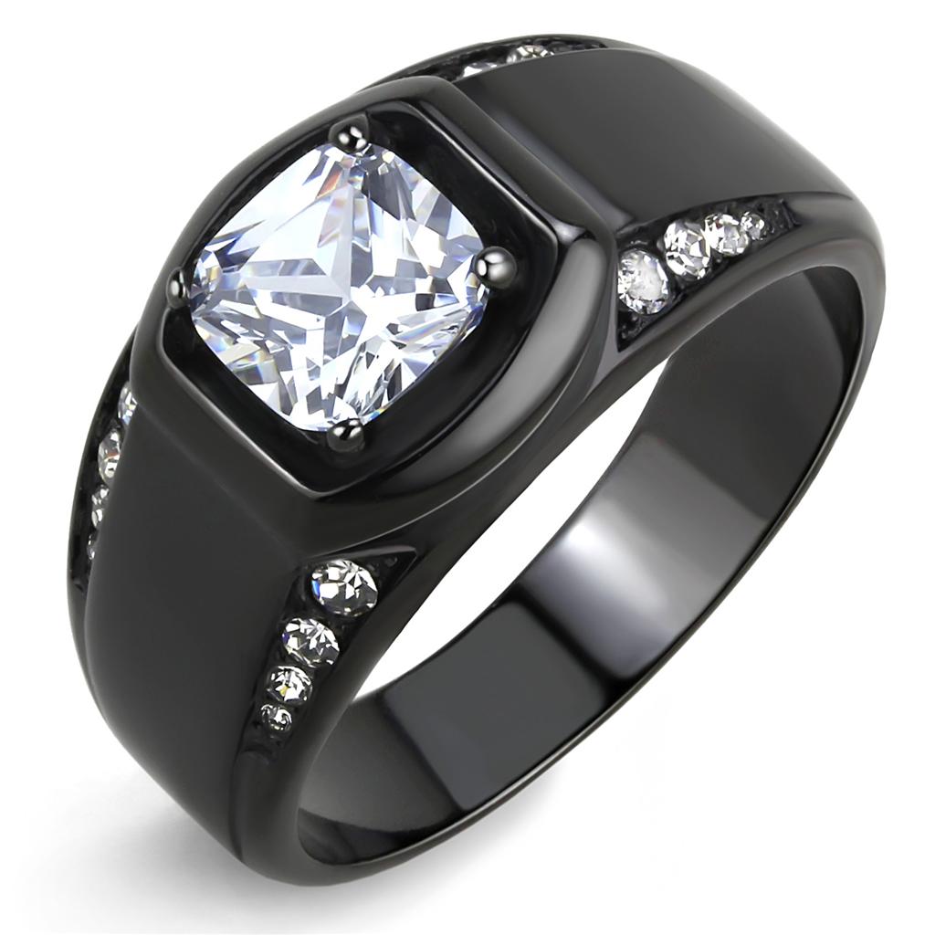TK3467 - IP Black(Ion Plating) Stainless Steel Ring with AAA Grade CZ  in Clear Alamode