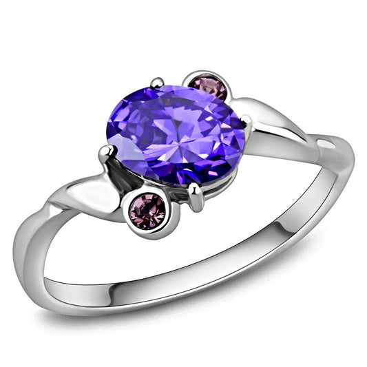 TK3525 - High polished (no plating) Stainless Steel Ring with AAA Grade CZ  in Tanzanite Alamode