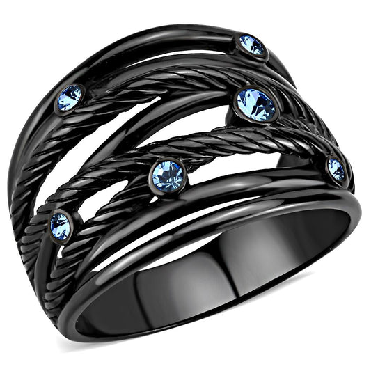 TK3564 - IP Black(Ion Plating) Stainless Steel Ring with Top Grade Crystal  in Sea Blue Alamode