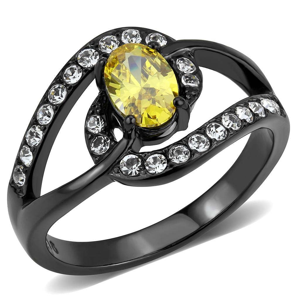 TK3571 - IP Black(Ion Plating) Stainless Steel Ring with AAA Grade CZ  in Topaz Alamode