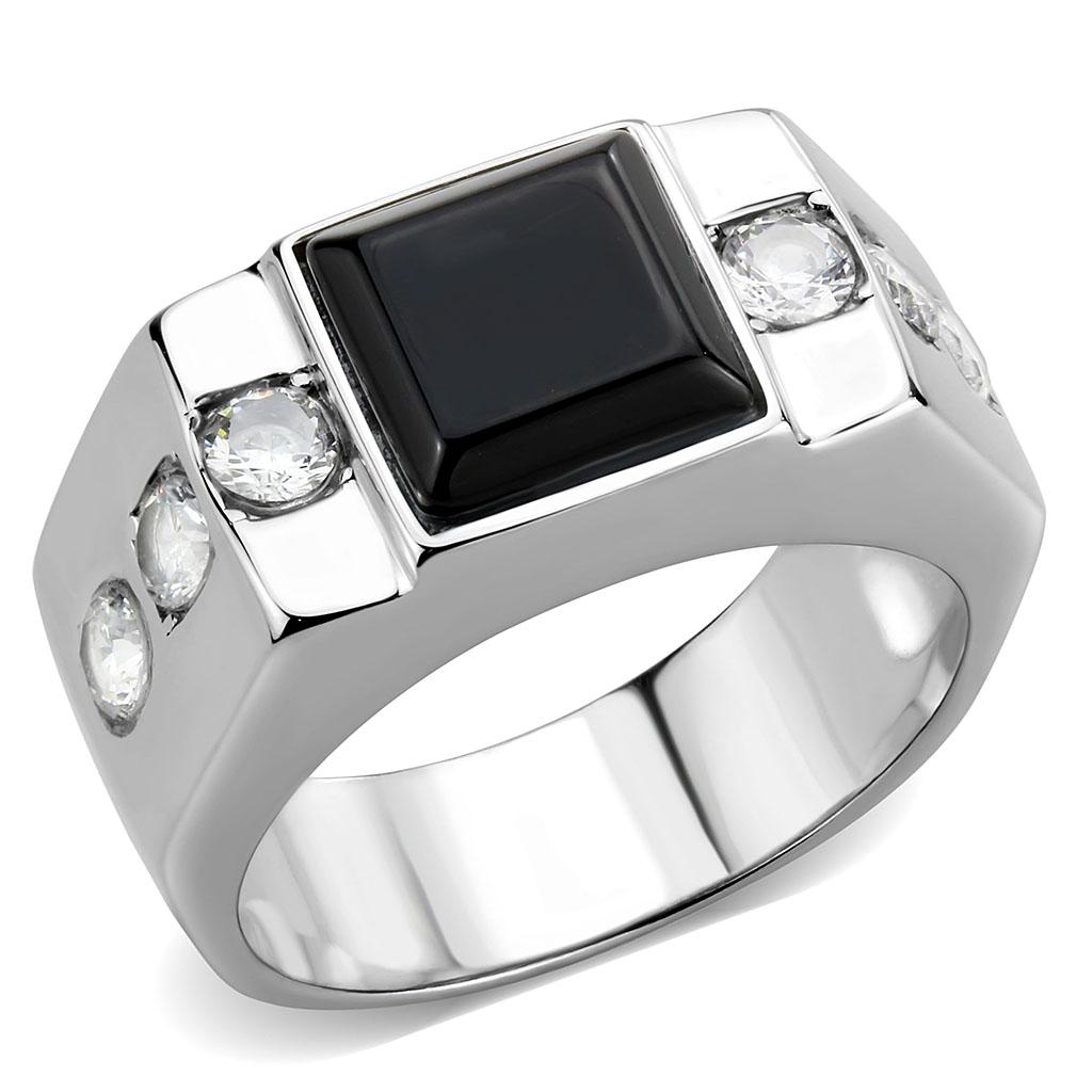 TK3615 - High polished (no plating) Stainless Steel Ring with Synthetic Onyx in Jet Alamode