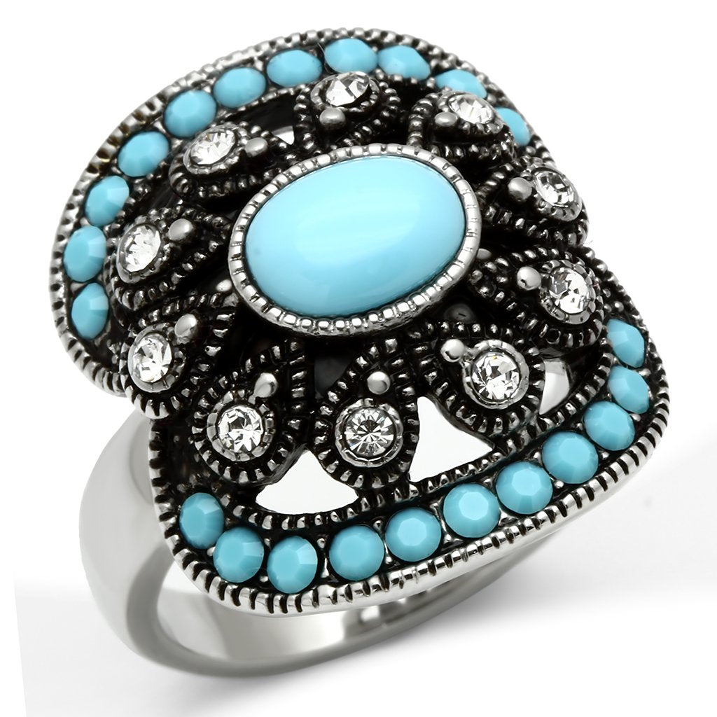 TK526 - High polished (no plating) Stainless Steel Ring with Synthetic Synthetic Glass in Sea Blue-0