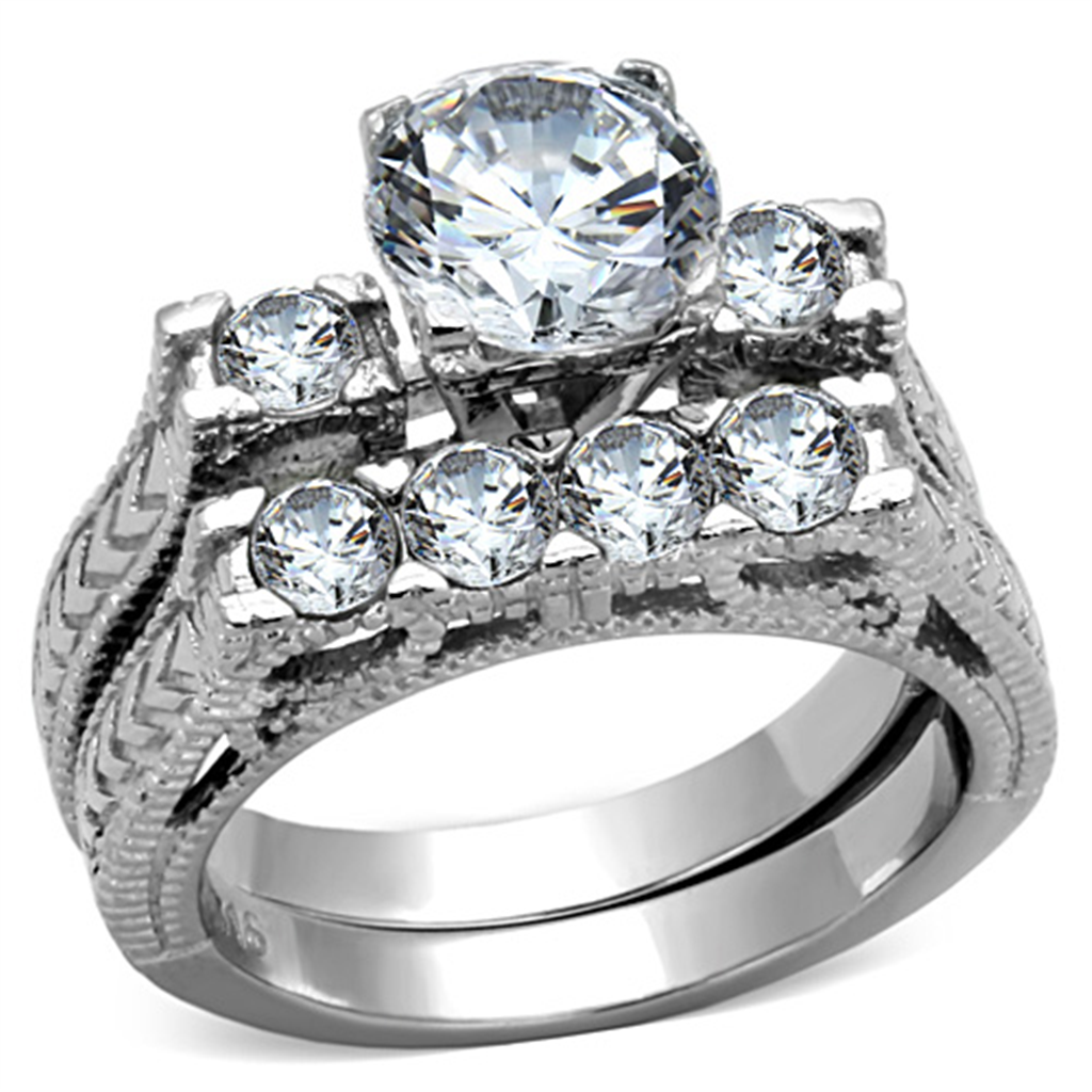 TK5X019 - High polished (no plating) Stainless Steel Ring with AAA Grade CZ  in Clear Alamode