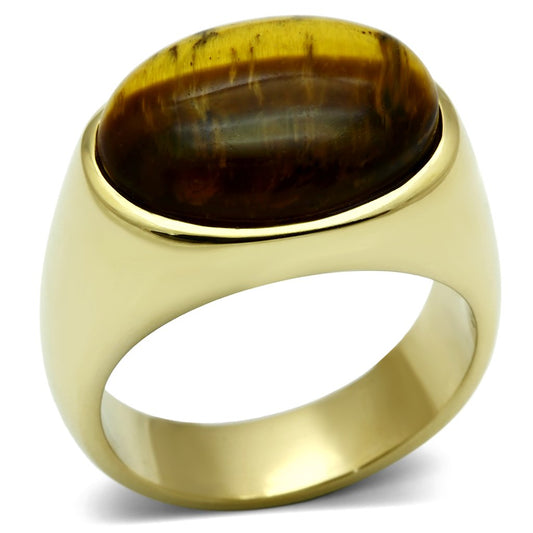 TK718 - IP Gold(Ion Plating) Stainless Steel Ring with Synthetic Tiger Eye in Topaz Alamode