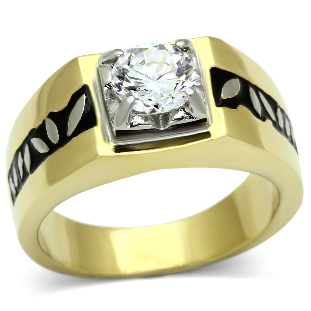 TK739 - Two-Tone IP Gold (Ion Plating) Stainless Steel Ring with AAA Grade CZ  in Clear Alamode