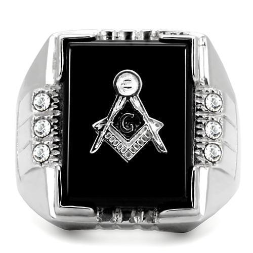 TK8X027 - High polished (no plating) Stainless Steel Ring with Semi-Precious Agate in Jet Alamode