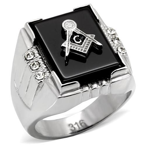 TK8X027 - High polished (no plating) Stainless Steel Ring with Semi-Precious Agate in Jet Alamode