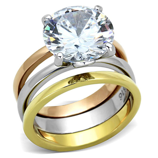 TK963 - Three Tone (IP Gold & IP Rose Gold & High Polished) Stainless Steel Ring with AAA Grade CZ  in Clear-0