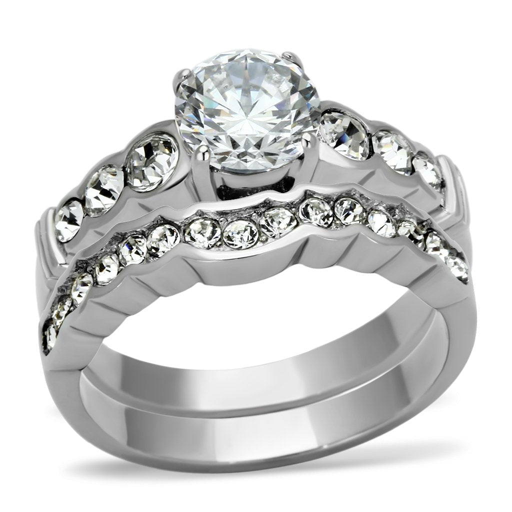 TK974 - High polished (no plating) Stainless Steel Ring with AAA Grade CZ  in Clear Alamode