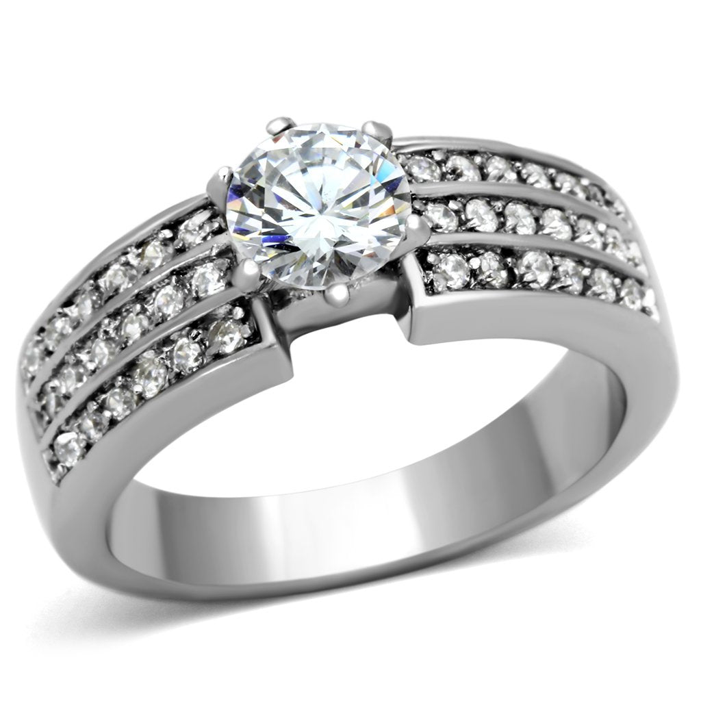 TK997 - High polished (no plating) Stainless Steel Ring with AAA Grade CZ  in Clear Alamode