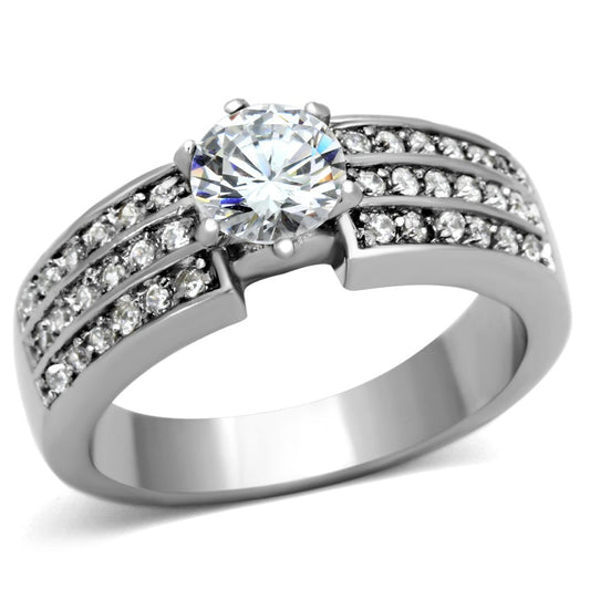 TK997 - High polished (no plating) Stainless Steel Ring with AAA Grade CZ  in Clear Alamode