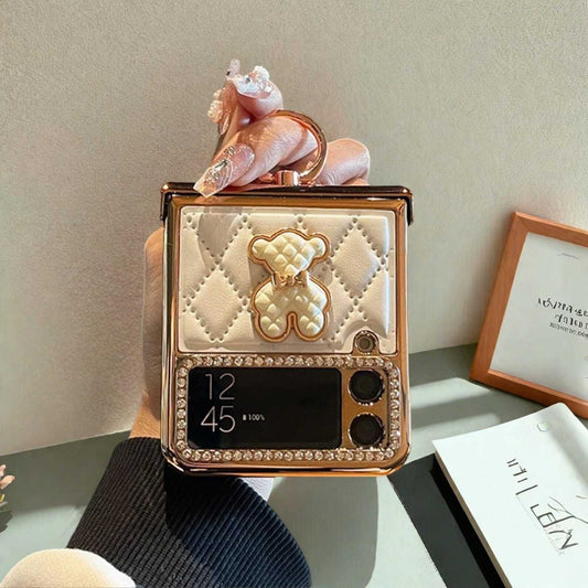 Rhinestone & Rhombus Leather Design - Stylish Hinge Protective Cover with Secure Grip for Z Flip4 Samsung Galaxy Z Flip 4 Case with Ring W2B